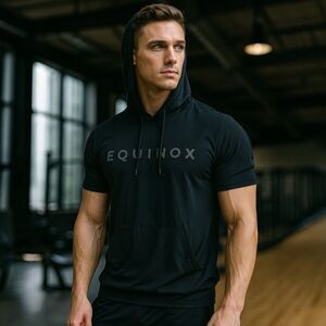 Equinox Mens Short Sleeve Hoodie Black Athletic Gym Workout Pullover Size M